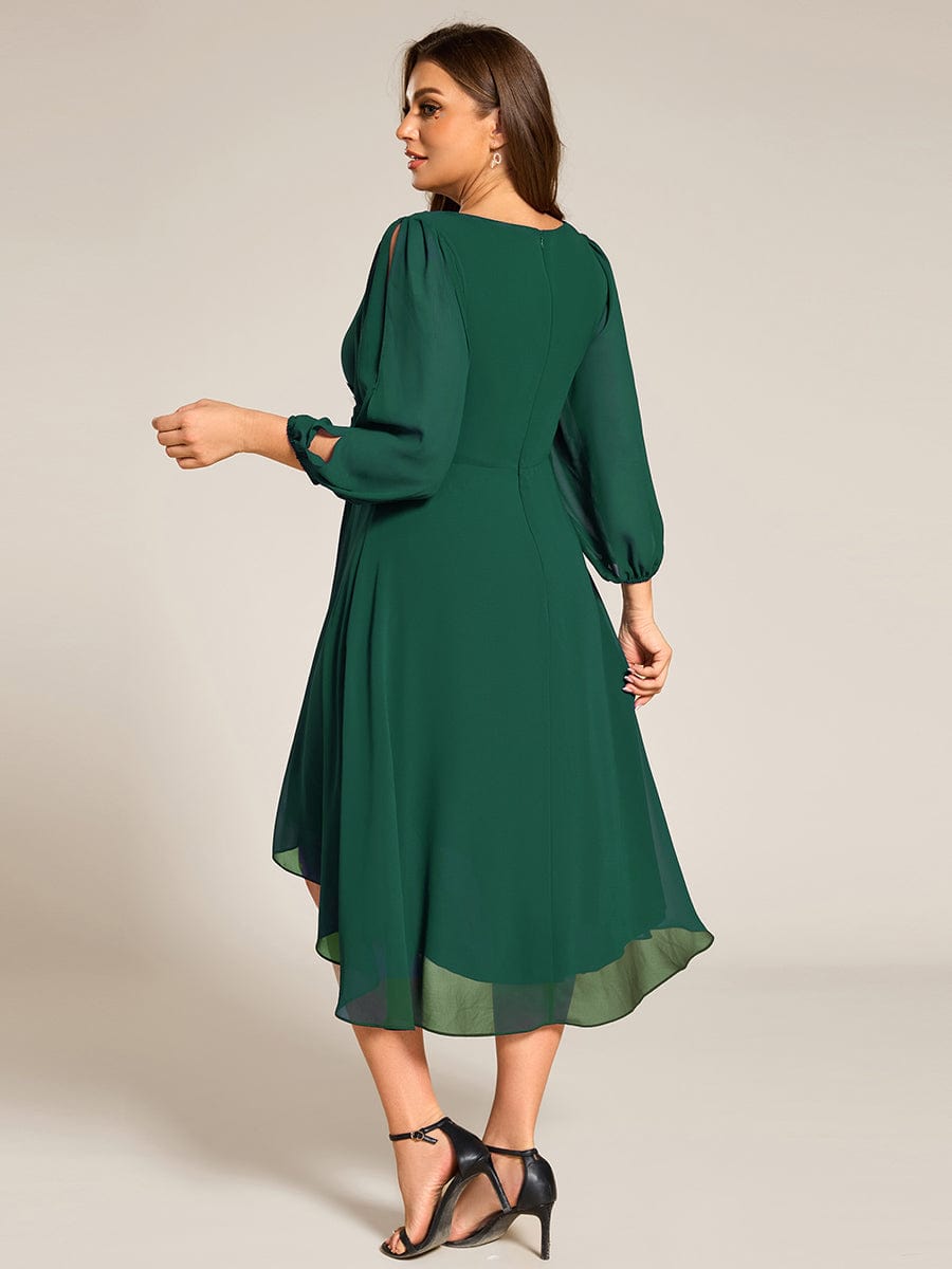 Long Sleeves Waist Applique A-Line Midi Chiffon Wedding Guest Dress #color_Dark Green