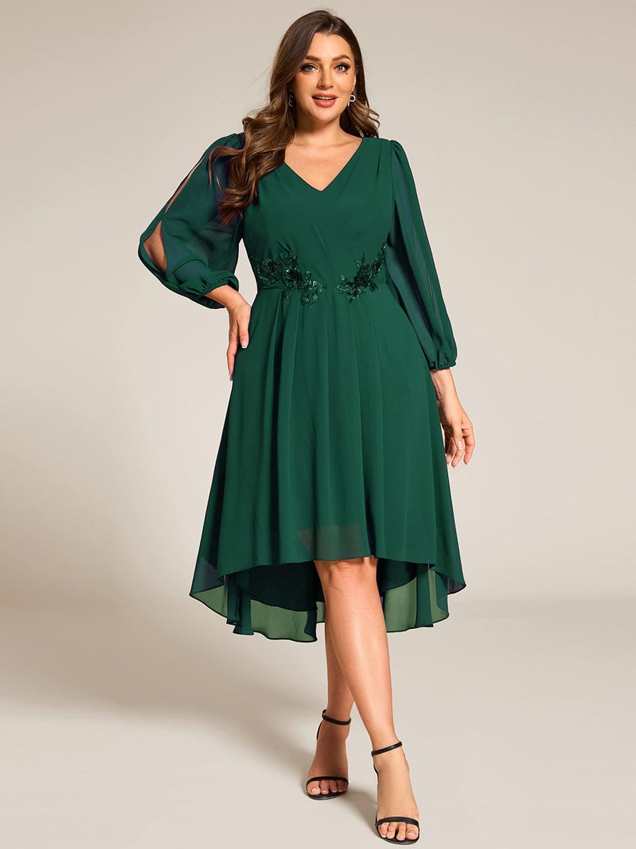 Long Sleeves Waist Applique A-Line Midi Chiffon Wedding Guest Dress #color_Dark Green