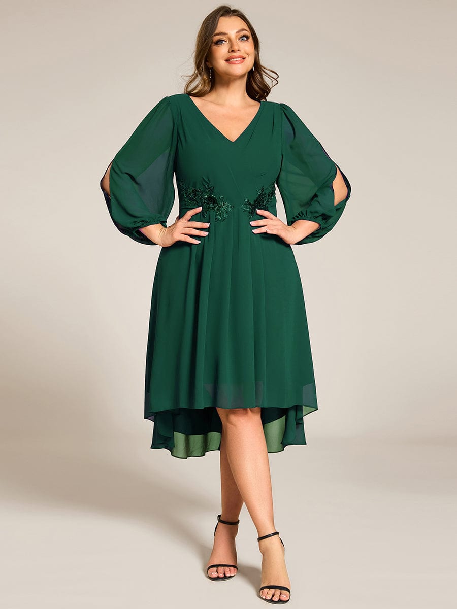 Long Sleeves Waist Applique A-Line Midi Chiffon Wedding Guest Dress #color_Dark Green