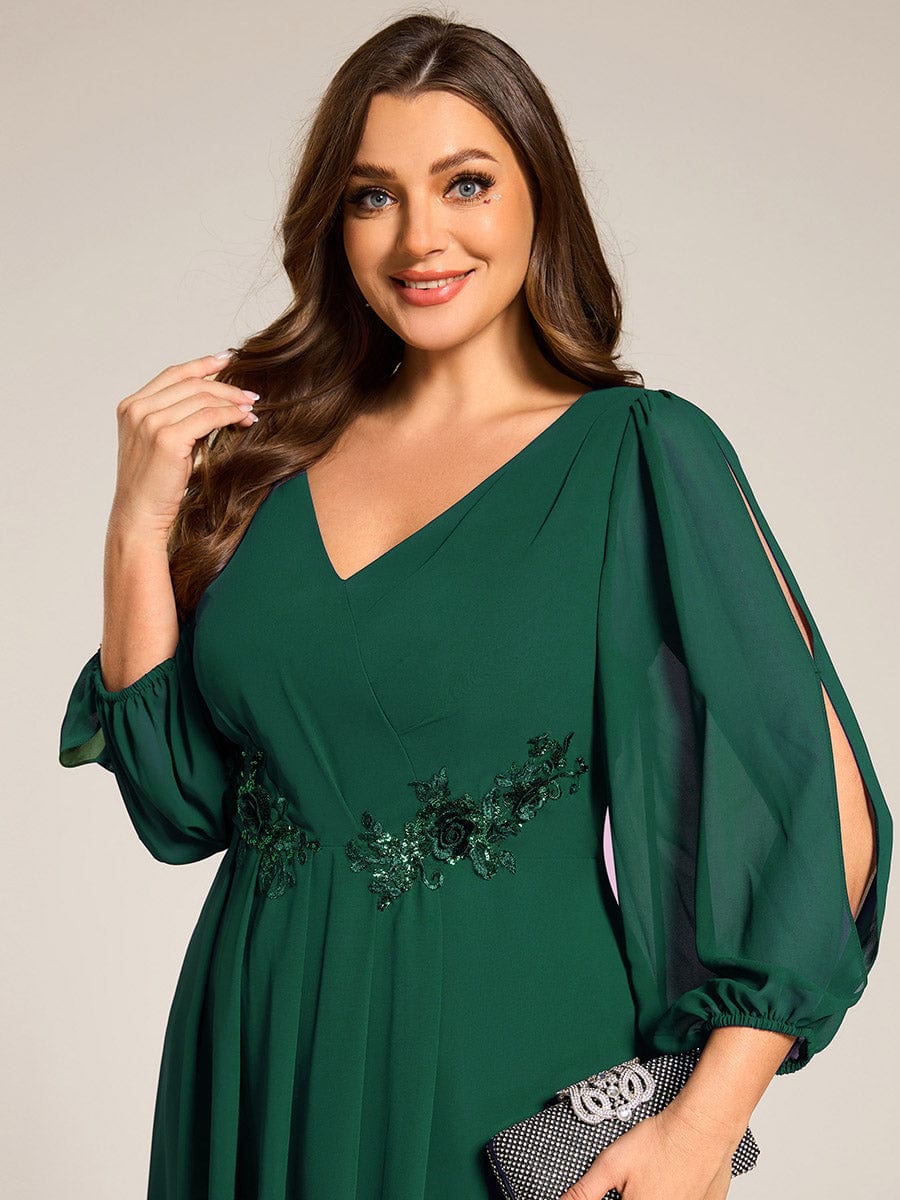 Long Sleeves Waist Applique A-Line Midi Chiffon Wedding Guest Dress #color_Dark Green