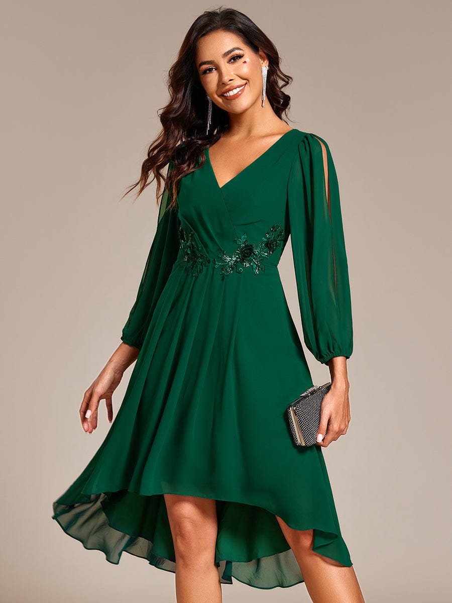 Long Sleeves Waist Applique A-Line Midi Chiffon Wedding Guest Dress #color_Dark Green