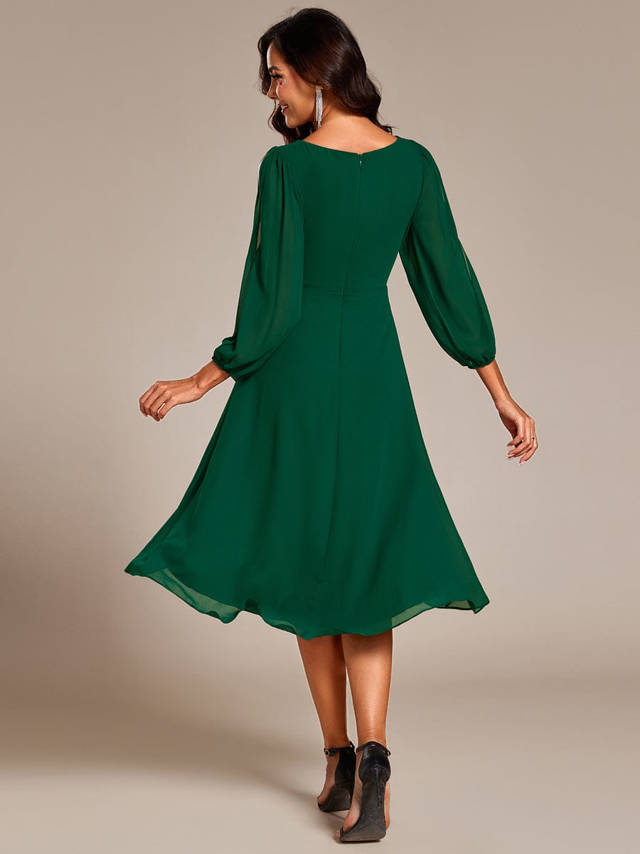 Long Sleeves Waist Applique A-Line Midi Chiffon Wedding Guest Dress #color_Dark Green