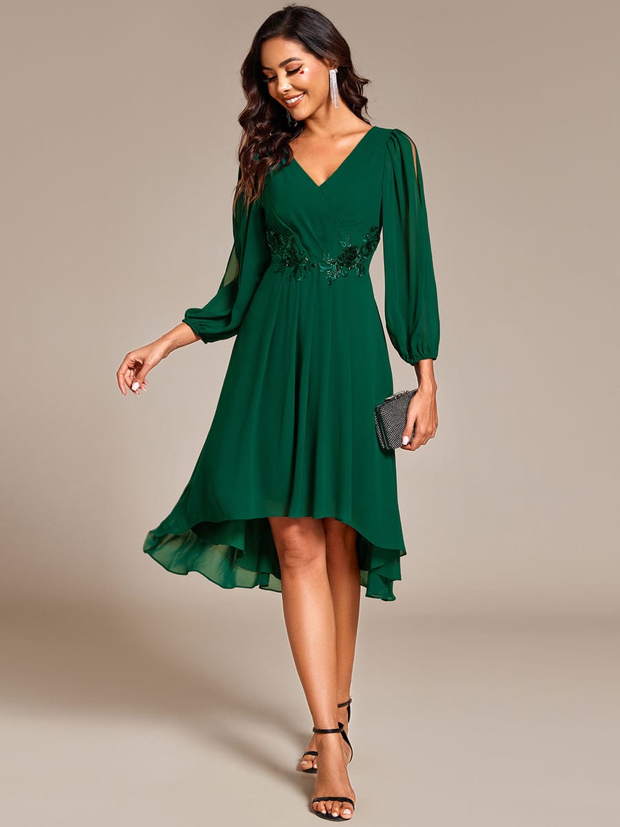 Long Sleeves Waist Applique A-Line Midi Chiffon Wedding Guest Dress #color_Dark Green