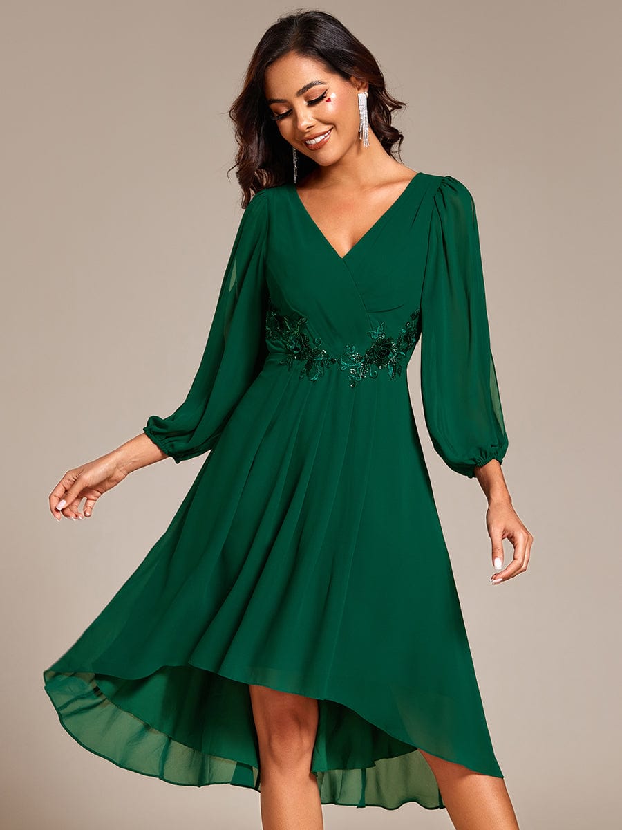 Long Sleeves Waist Applique A-Line Midi Chiffon Wedding Guest Dress #color_Dark Green