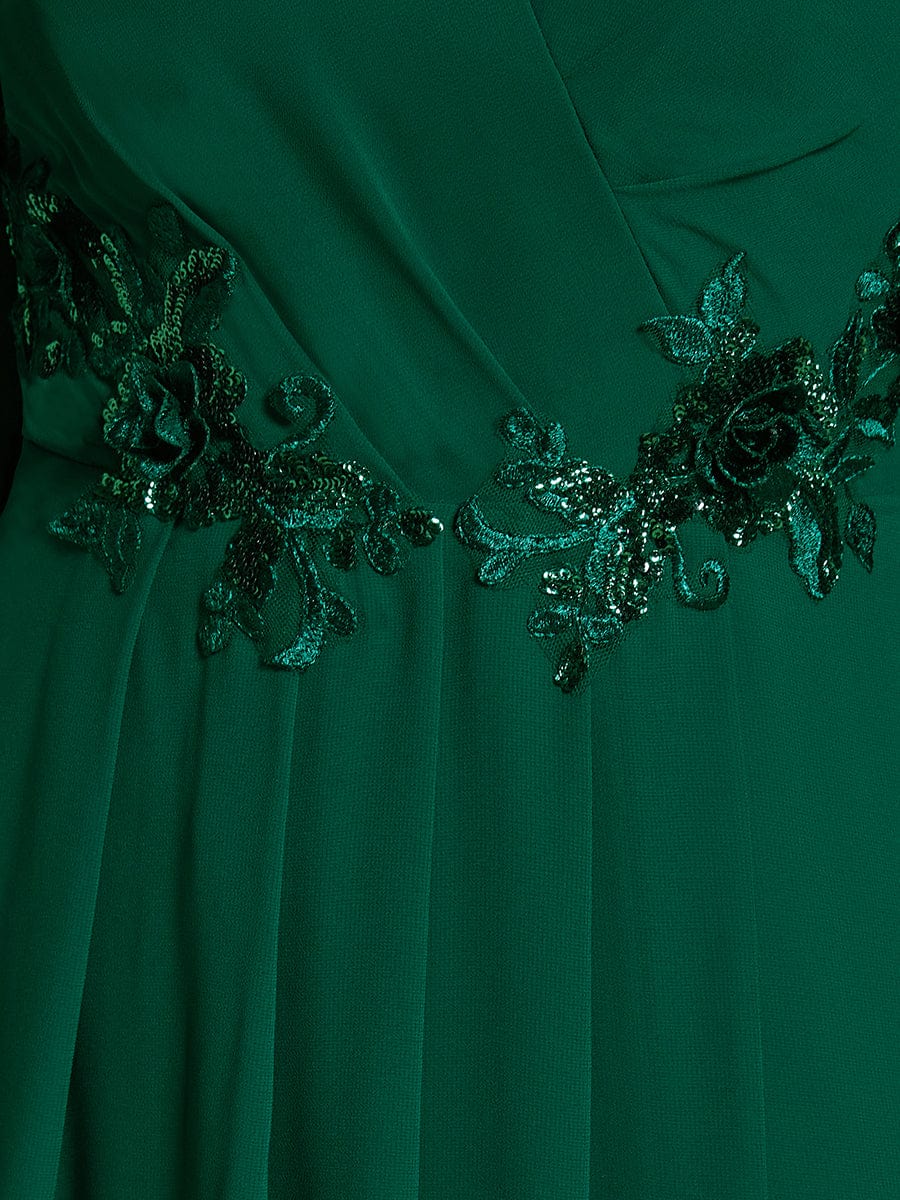 Long Sleeves Waist Applique A-Line Midi Chiffon Wedding Guest Dress #color_Dark Green