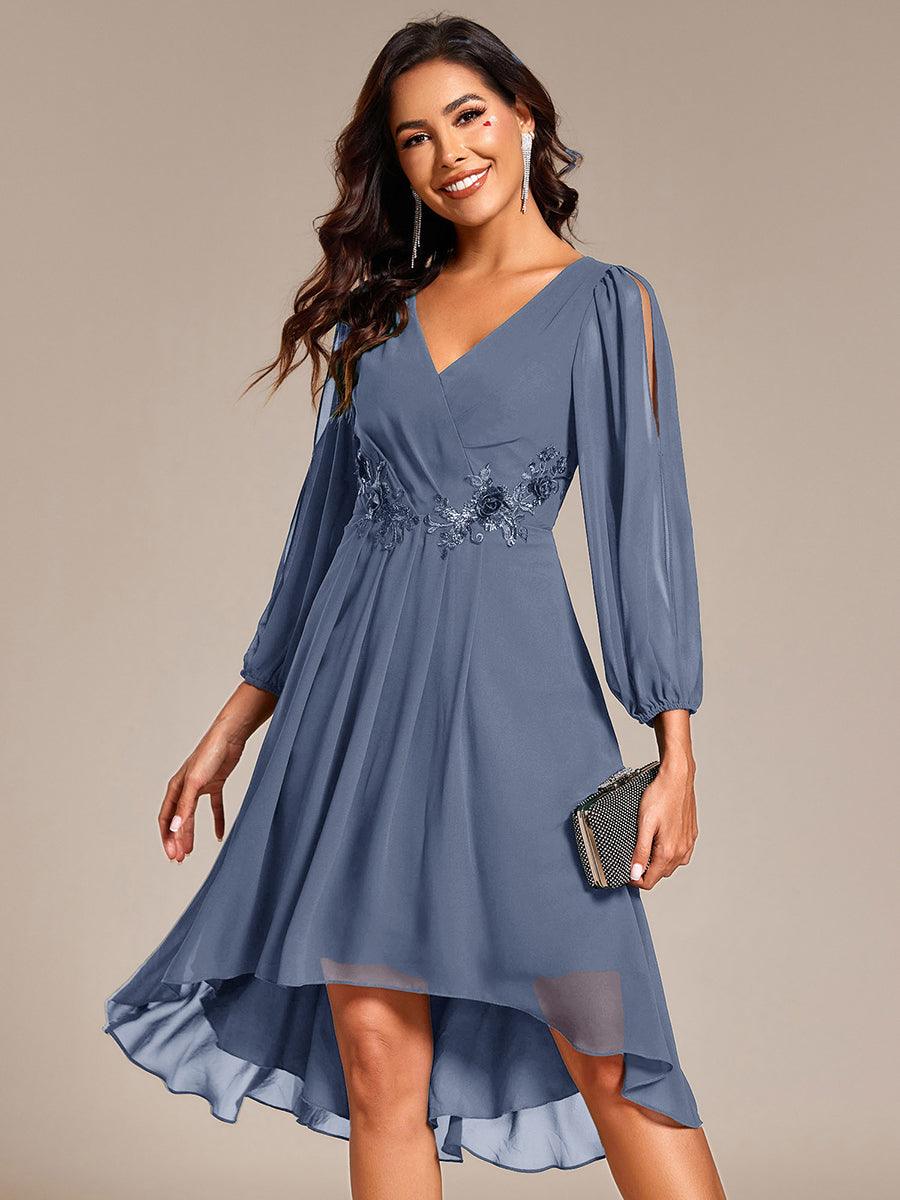 Long Sleeves Waist Applique A-Line Midi Chiffon Wedding Guest Dress #color_Dusty Blue