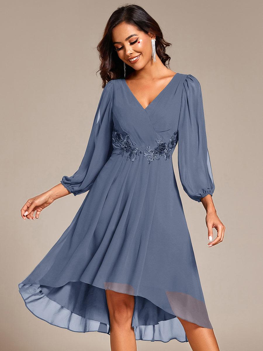 Long Sleeves Waist Applique A-Line Midi Chiffon Wedding Guest Dress #color_Dusty Blue