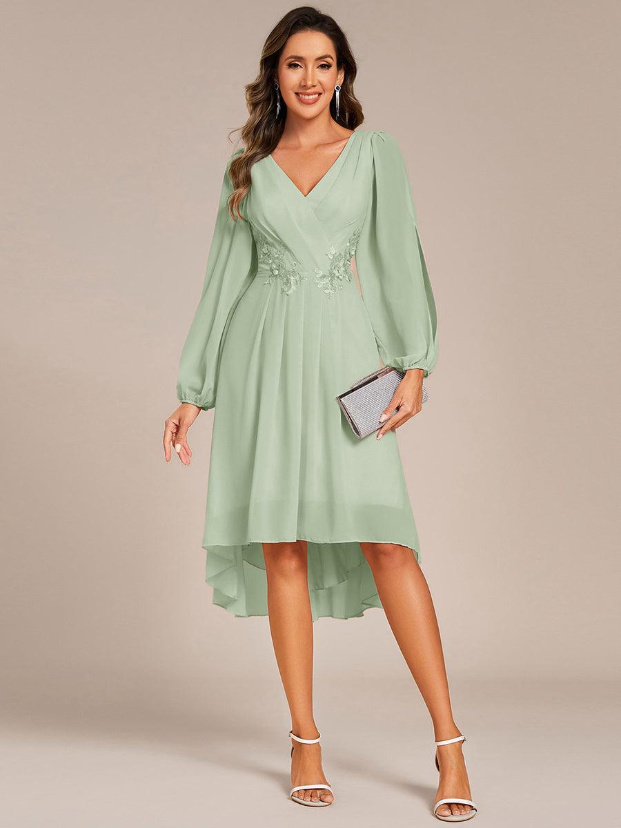 Long Sleeves Waist Applique A-Line Midi Chiffon Wedding Guest Dress #color_Mint Green