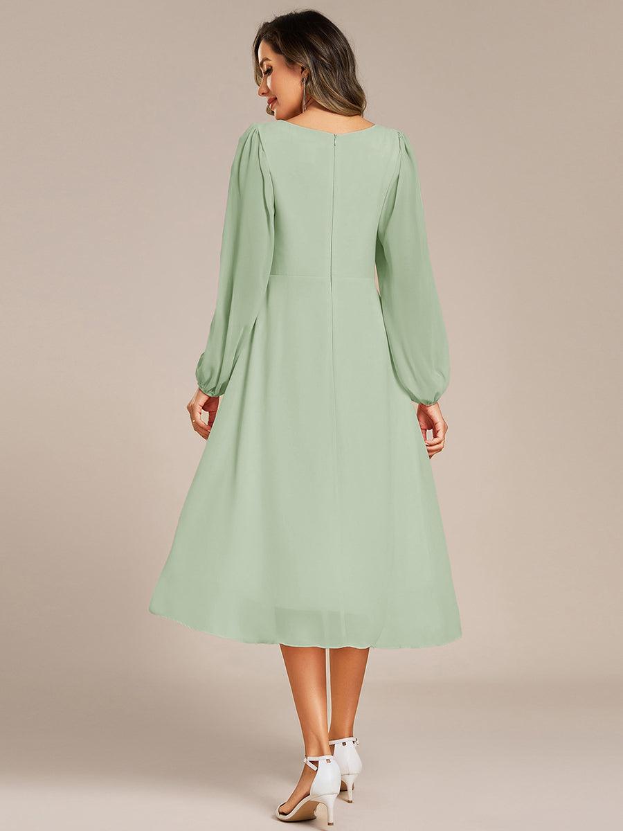 Long Sleeves Waist Applique A-Line Midi Chiffon Wedding Guest Dress #color_Mint Green