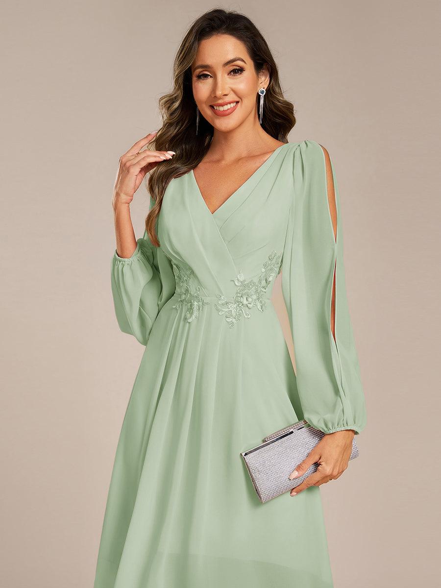 Long Sleeves Waist Applique A-Line Midi Chiffon Wedding Guest Dress #color_Mint Green