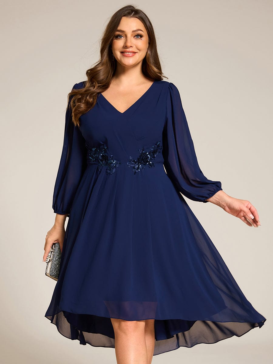 Long Sleeves Waist Applique A-Line Midi Chiffon Wedding Guest Dress #color_Navy Blue