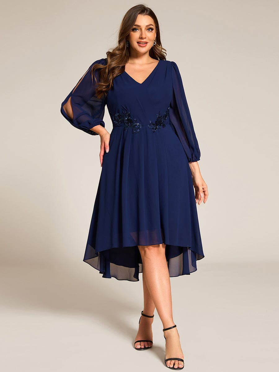 Long Sleeves Waist Applique A-Line Midi Chiffon Wedding Guest Dress #color_Navy Blue