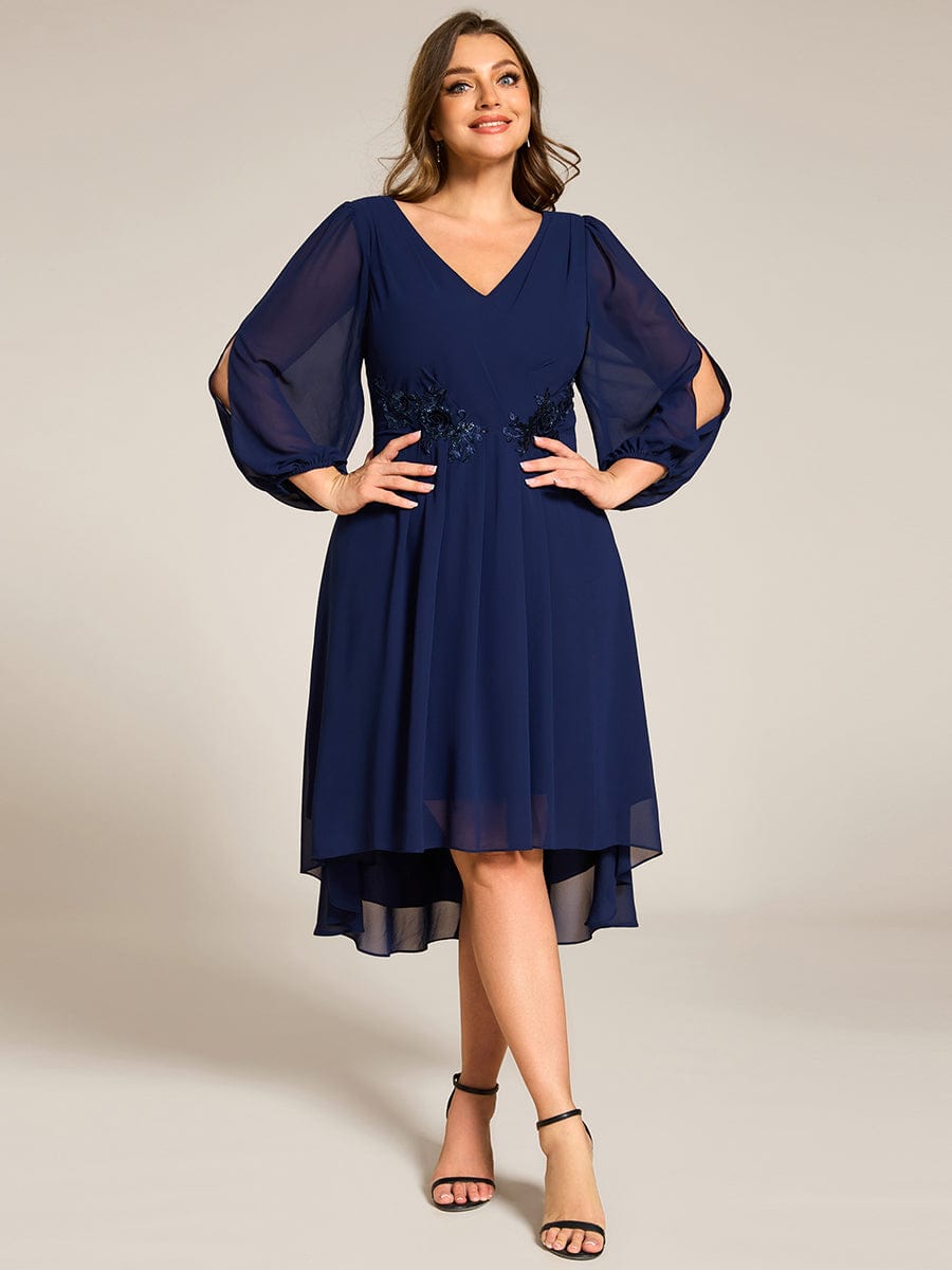 Long Sleeves Waist Applique A-Line Midi Chiffon Wedding Guest Dress #color_Navy Blue