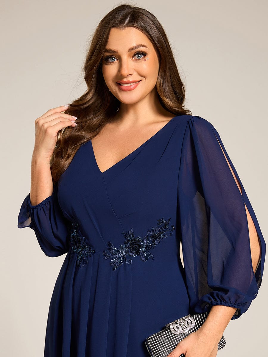 Long Sleeves Waist Applique A-Line Midi Chiffon Wedding Guest Dress #color_Navy Blue