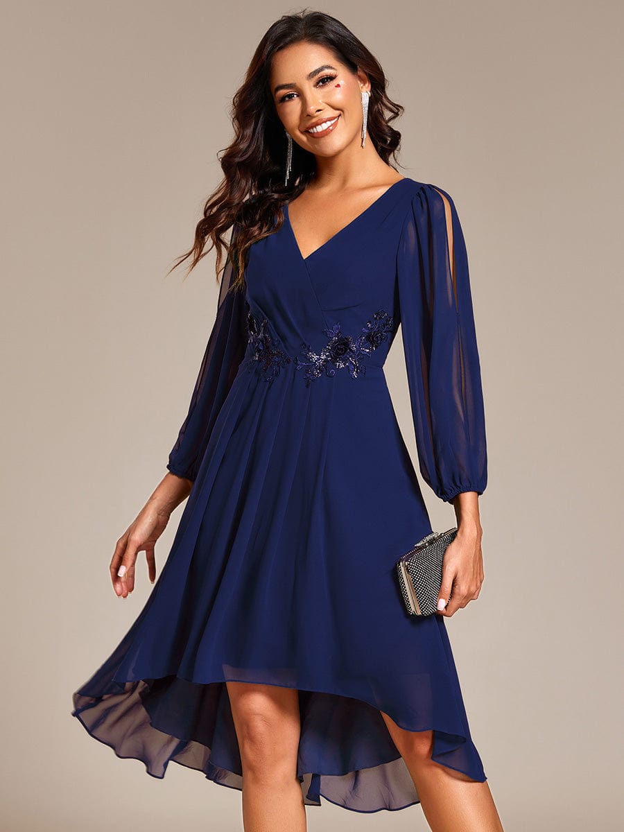 Long Sleeves Waist Applique A-Line Midi Chiffon Wedding Guest Dress #color_Navy Blue