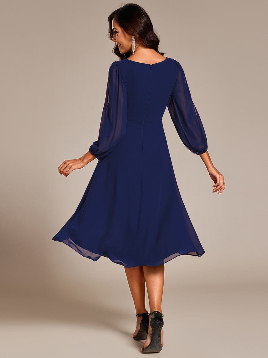 Long Sleeves Waist Applique A-Line Midi Chiffon Wedding Guest Dress #color_Navy Blue