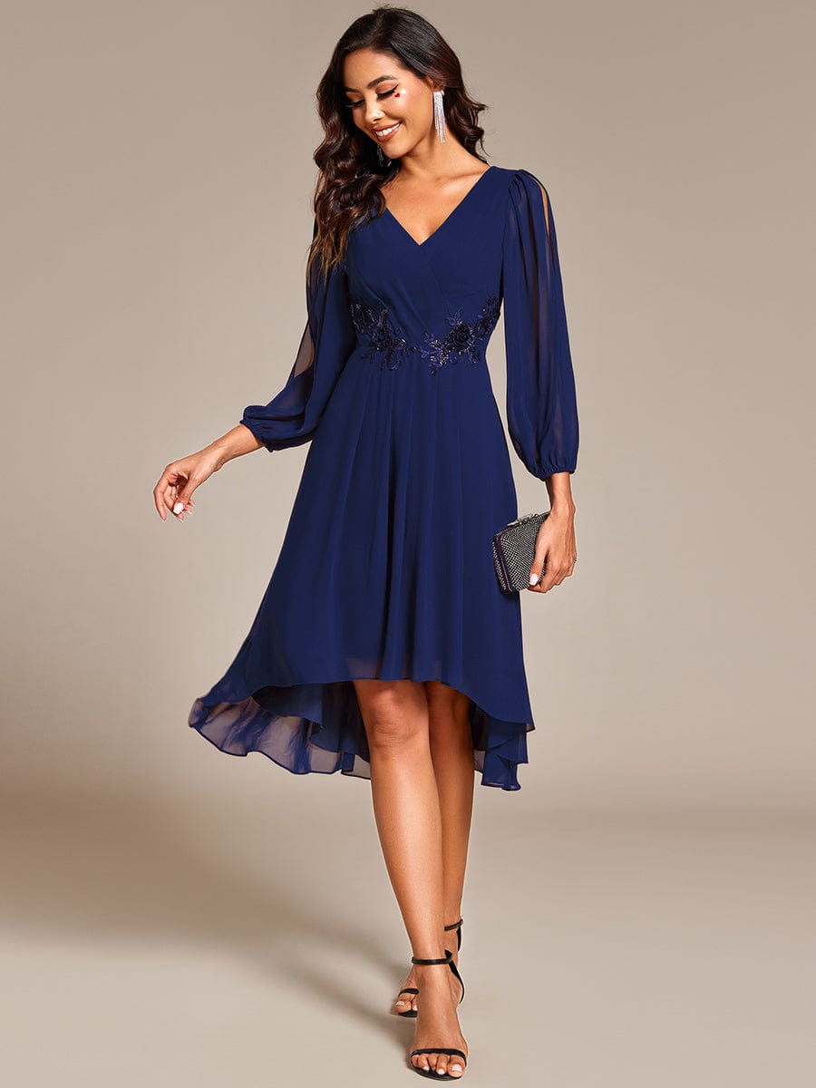 Long Sleeves Waist Applique A-Line Midi Chiffon Wedding Guest Dress #color_Navy Blue