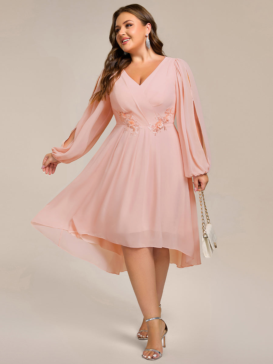 Long Sleeves Waist Applique A-Line Midi Chiffon Wedding Guest Dress #color_Pink