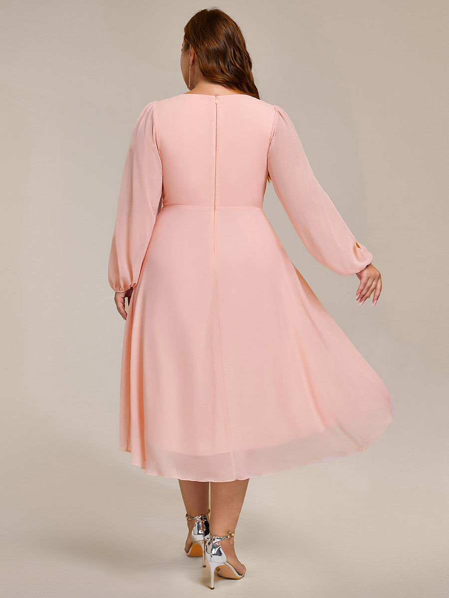 Long Sleeves Waist Applique A-Line Midi Chiffon Wedding Guest Dress #color_Pink