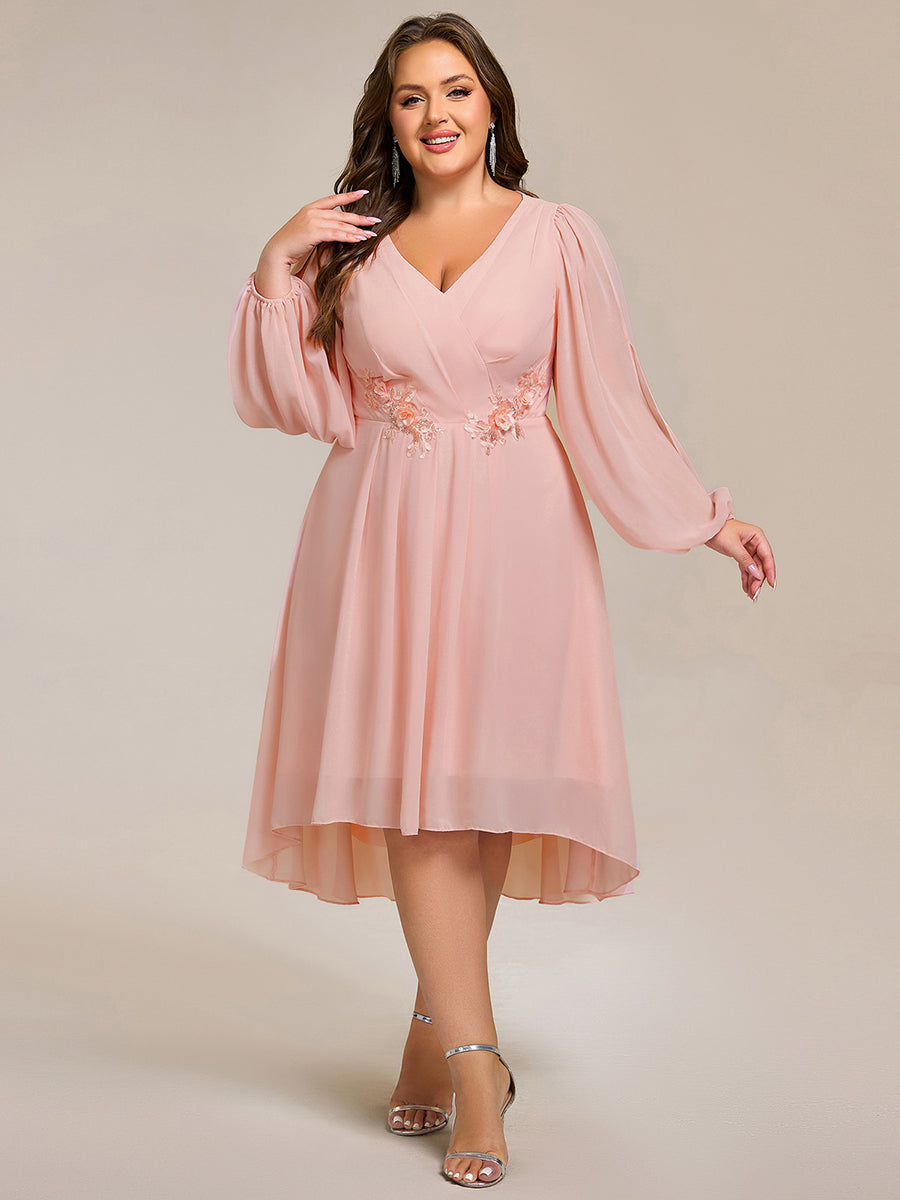 Long Sleeves Waist Applique A-Line Midi Chiffon Wedding Guest Dress #color_Pink