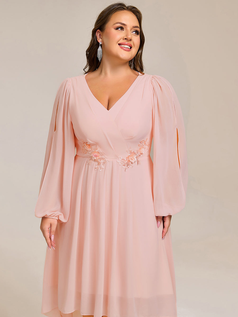 Long Sleeves Waist Applique A-Line Midi Chiffon Wedding Guest Dress #color_Pink