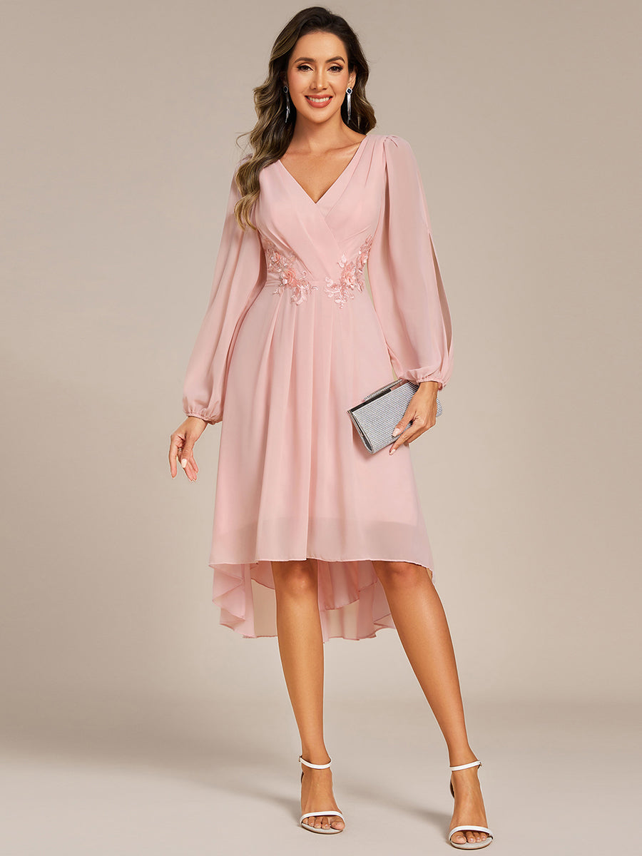 Long Sleeves Waist Applique A-Line Midi Chiffon Wedding Guest Dress #color_Pink