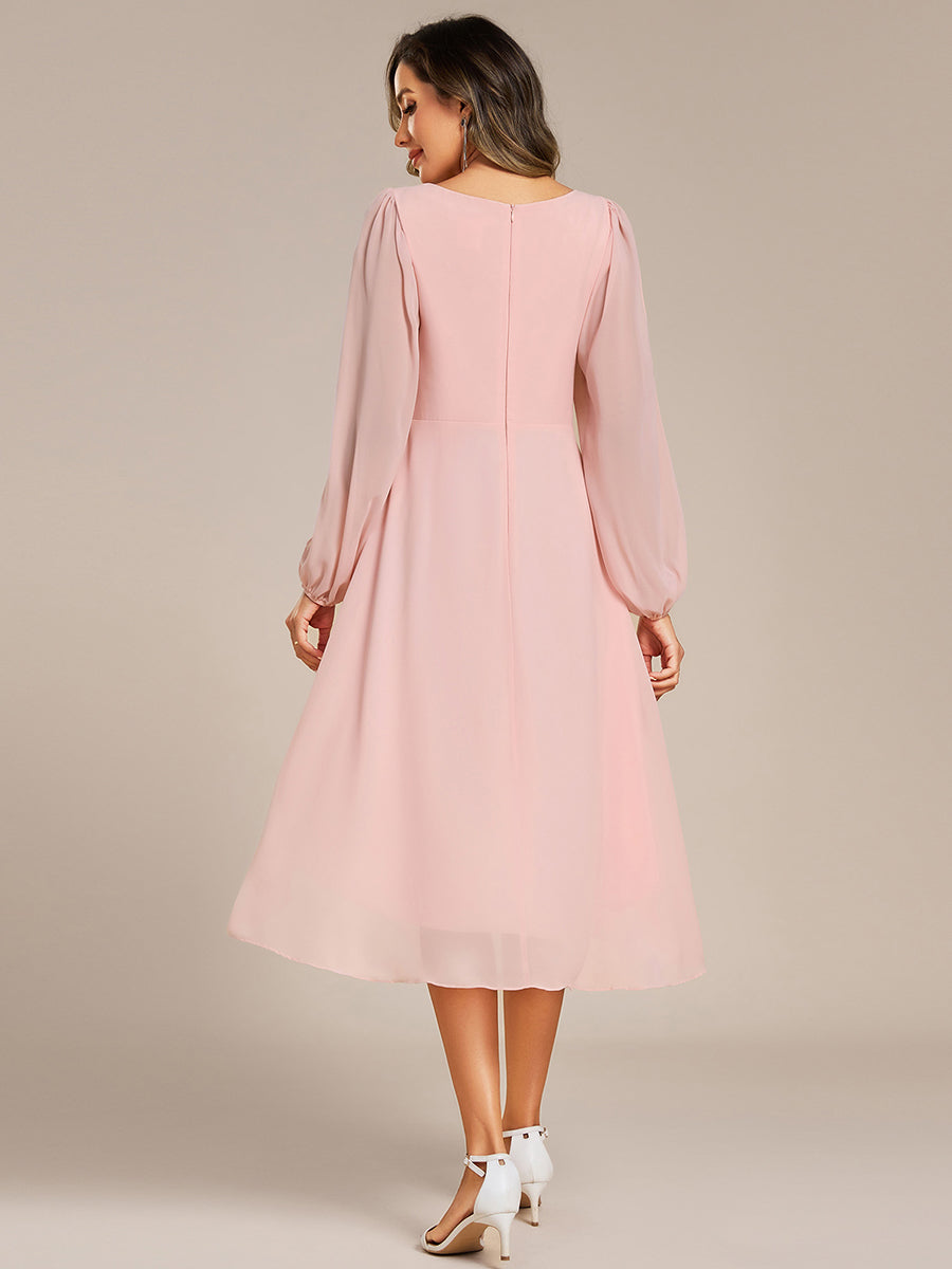 Long Sleeves Waist Applique A-Line Midi Chiffon Wedding Guest Dress #color_Pink