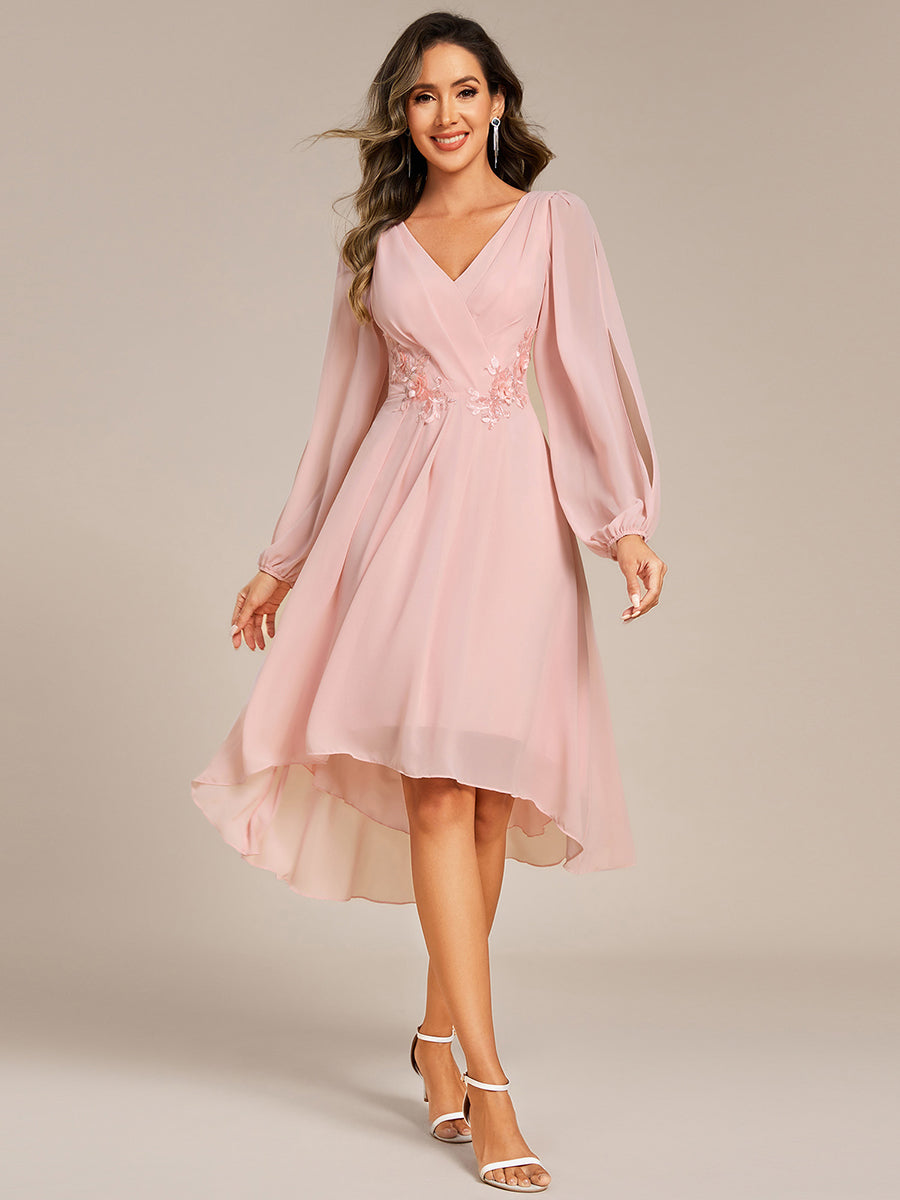 Long Sleeves Waist Applique A-Line Midi Chiffon Wedding Guest Dress #color_Pink