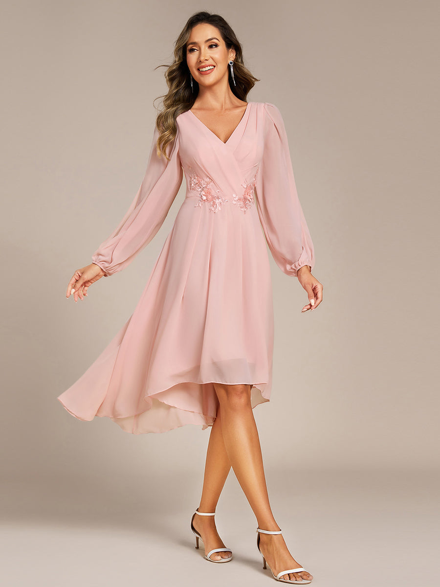 Long Sleeves Waist Applique A-Line Midi Chiffon Wedding Guest Dress #color_Pink