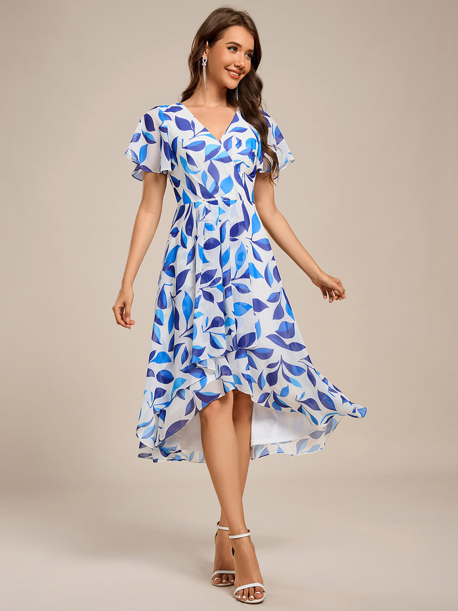 Short Sleeve Ruffled V-Neck Floral Printed Midi Wedding Guest Dress #color_Blue Floral