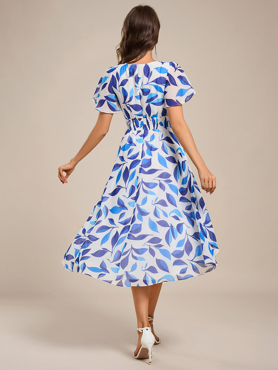 Short Sleeve Ruffled V-Neck Floral Printed Midi Wedding Guest Dress #color_Blue Floral