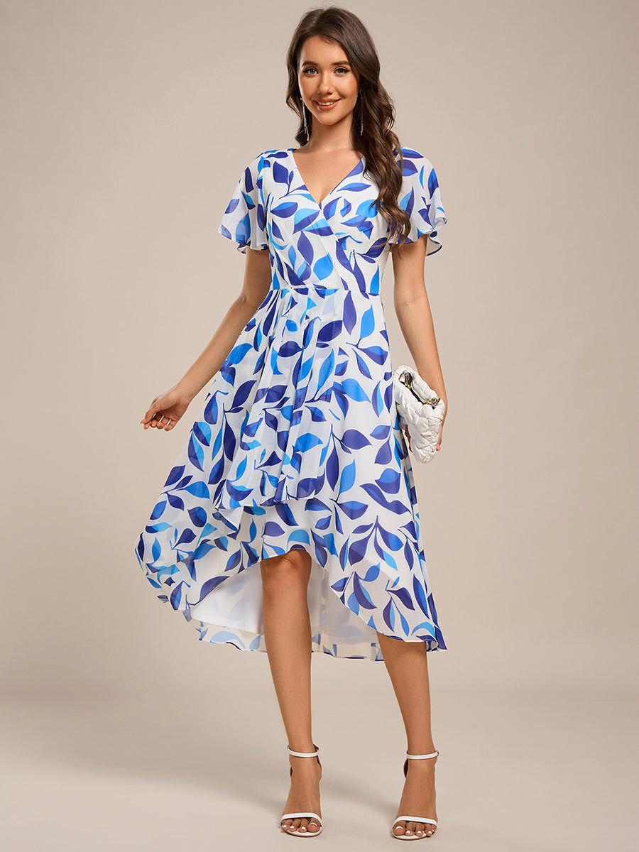 Short Sleeve Ruffled V-Neck Floral Printed Midi Wedding Guest Dress #color_Blue Floral