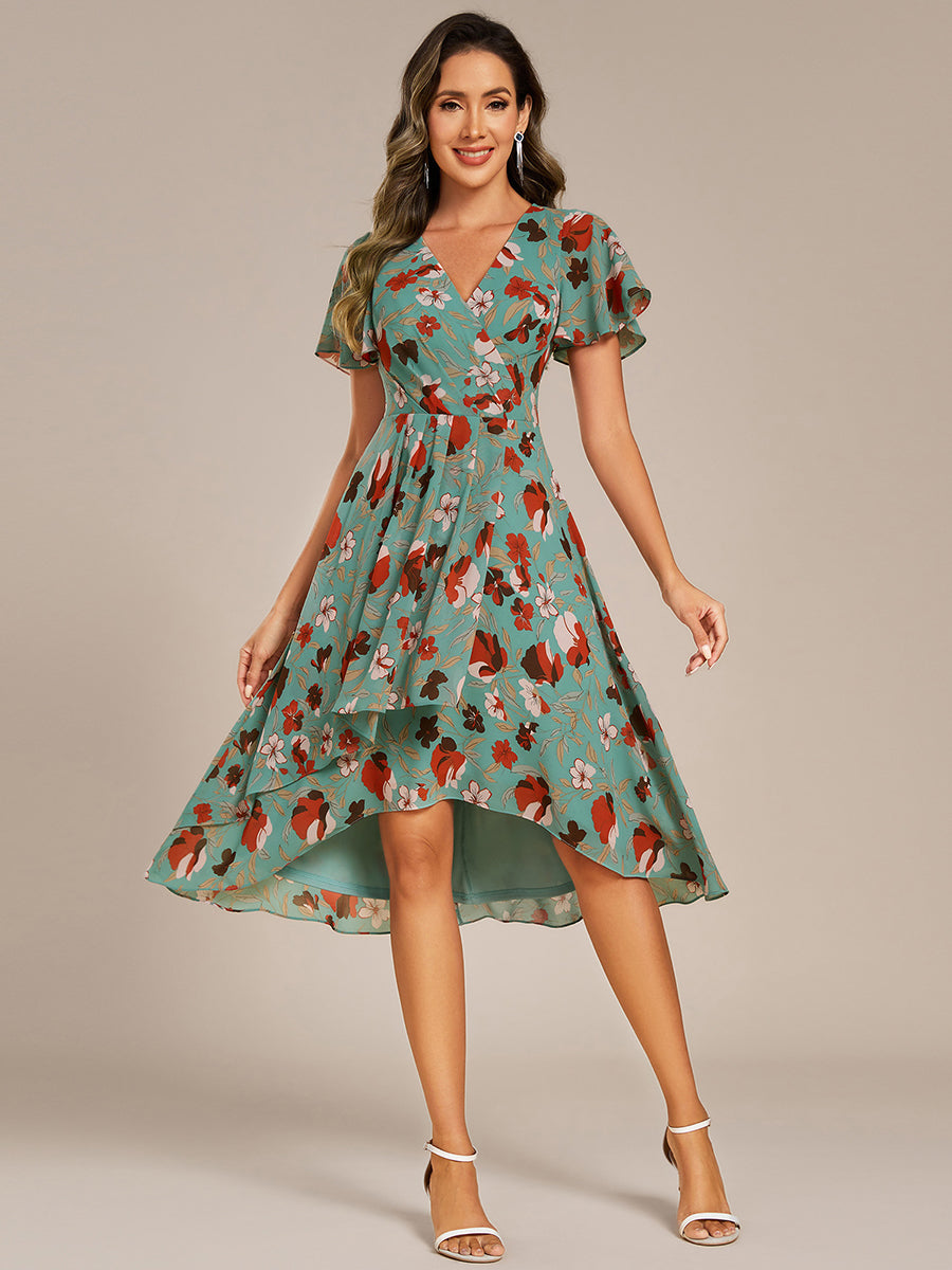 Short Sleeve Ruffled V-Neck Floral Printed Midi Wedding Guest Dress #color_Green Floral