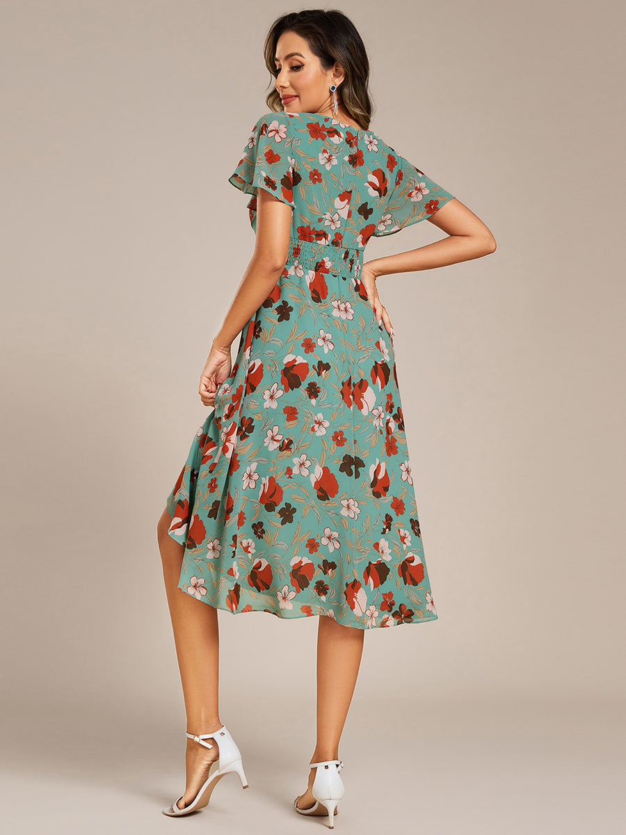 Short Sleeve Ruffled V-Neck Floral Printed Midi Wedding Guest Dress #color_Green Floral