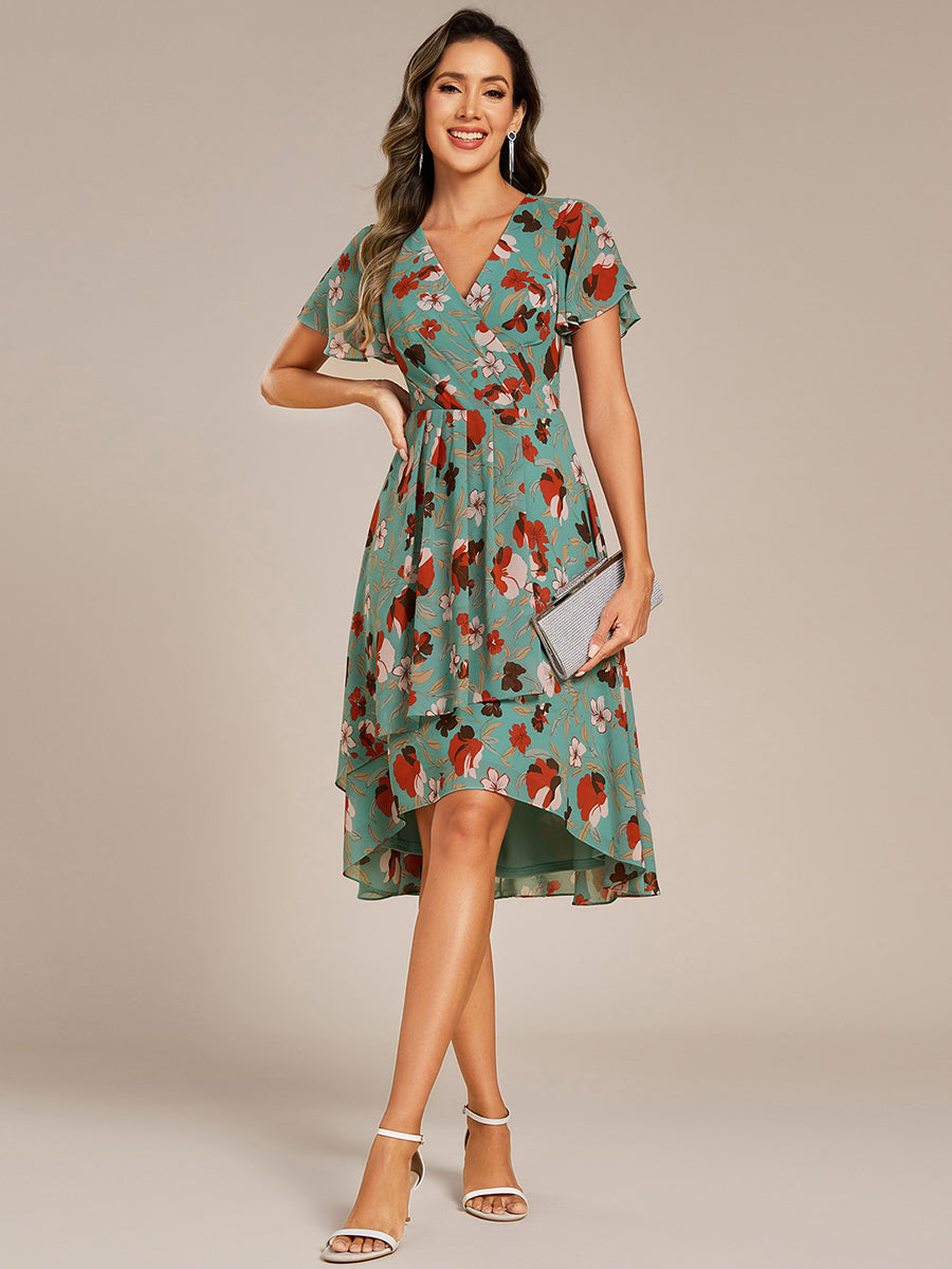 Short Sleeve Ruffled V-Neck Floral Printed Midi Wedding Guest Dress #color_Green Floral