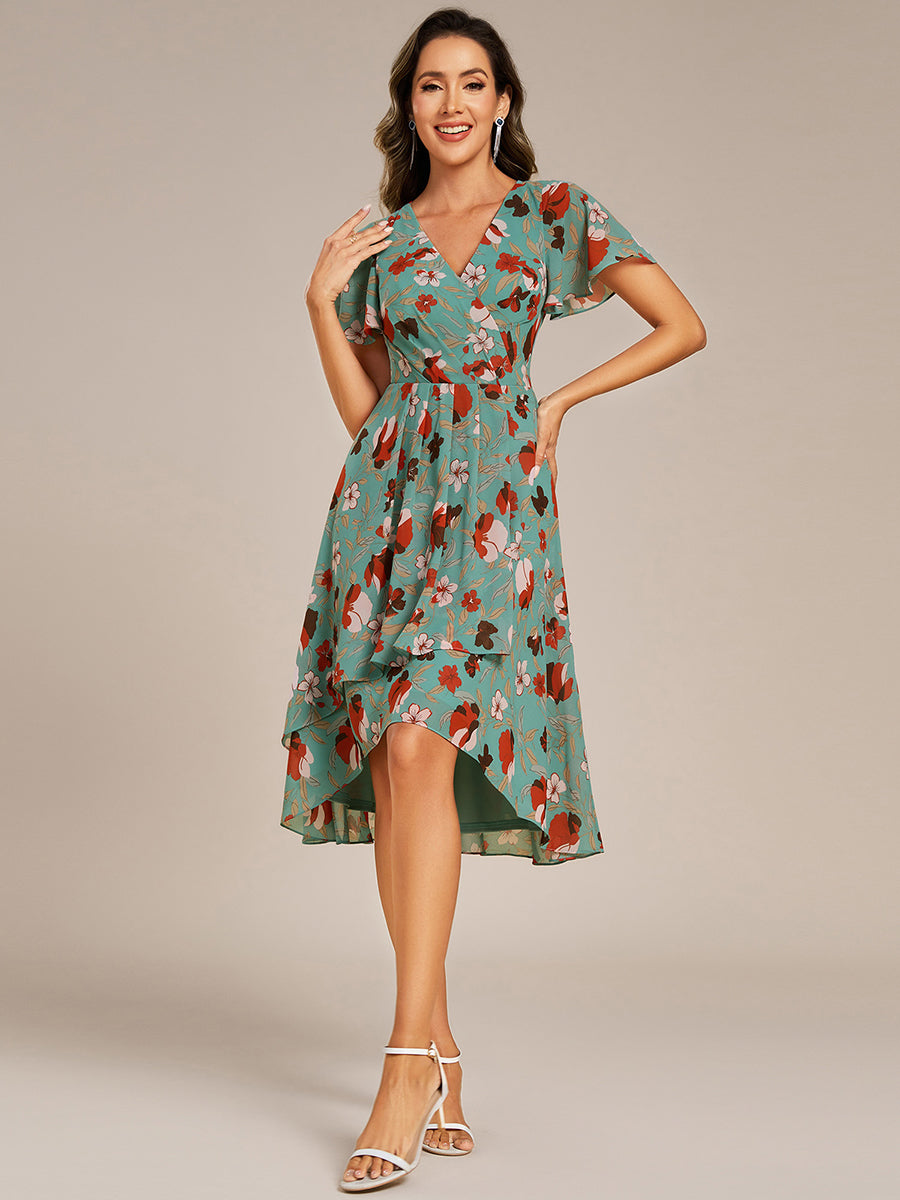 Short Sleeve Ruffled V-Neck Floral Printed Midi Wedding Guest Dress #color_Green Floral