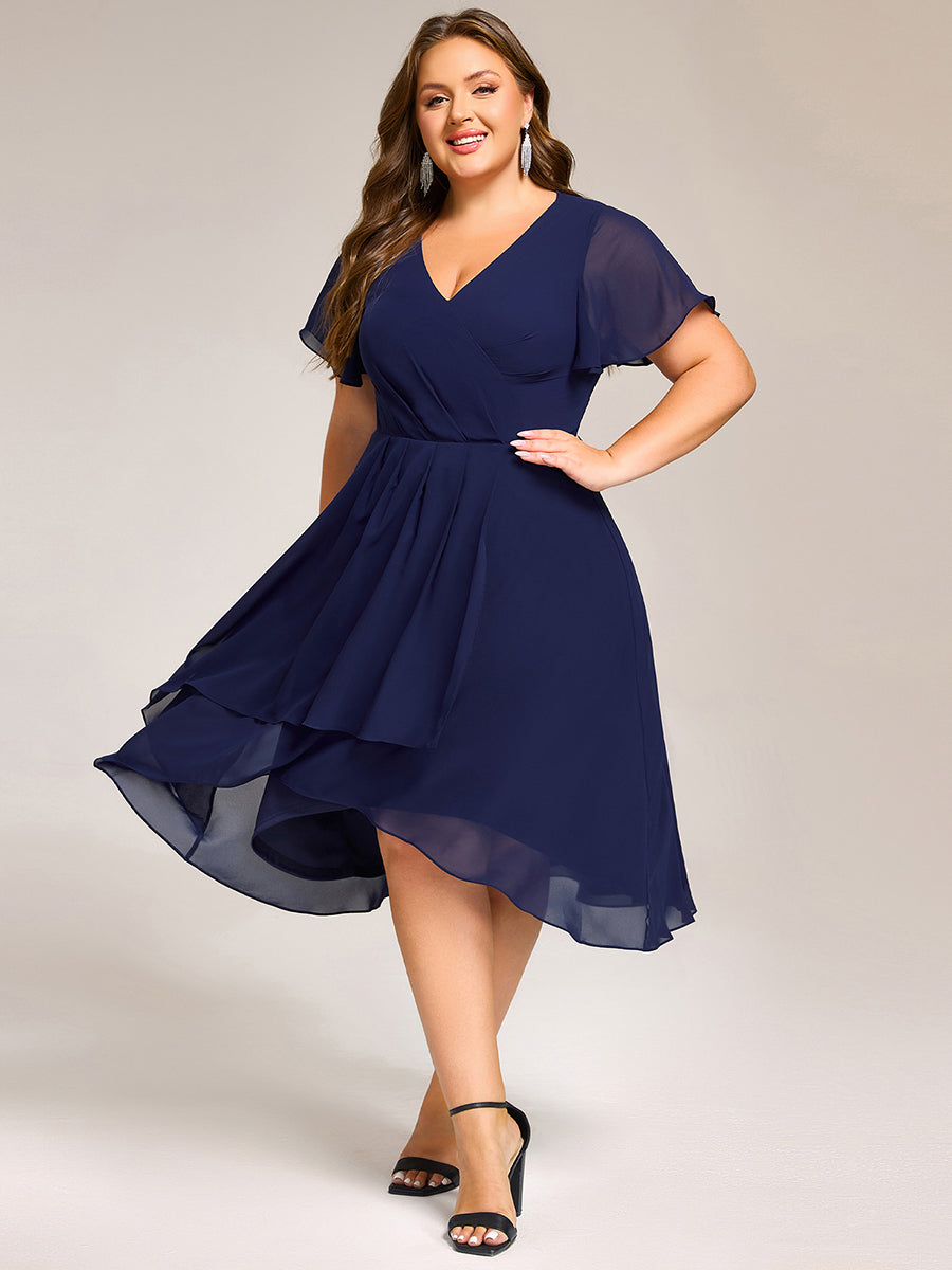 Short Sleeve Ruffled V-Neck Floral Printed Midi Wedding Guest Dress #color_Navy Blue