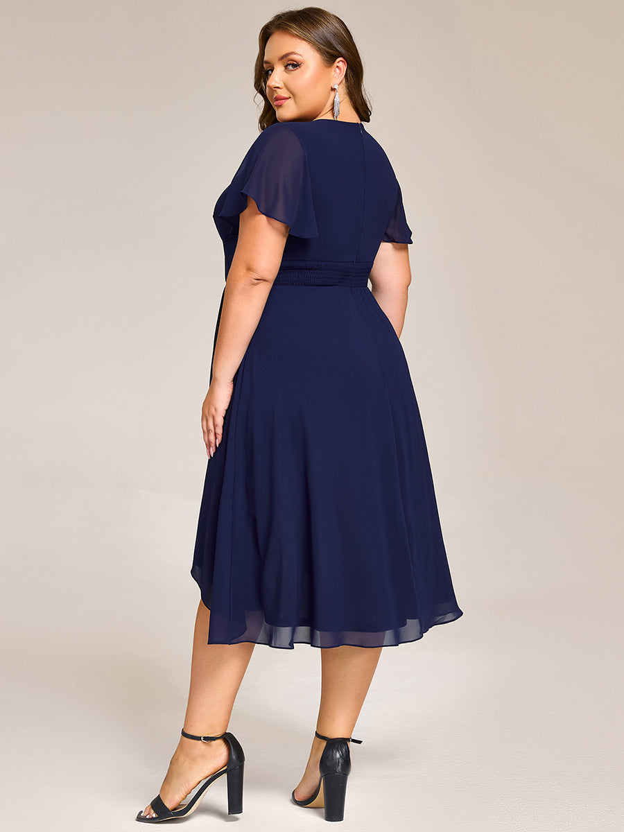 Short Sleeve Ruffled V-Neck Floral Printed Midi Wedding Guest Dress #color_Navy Blue