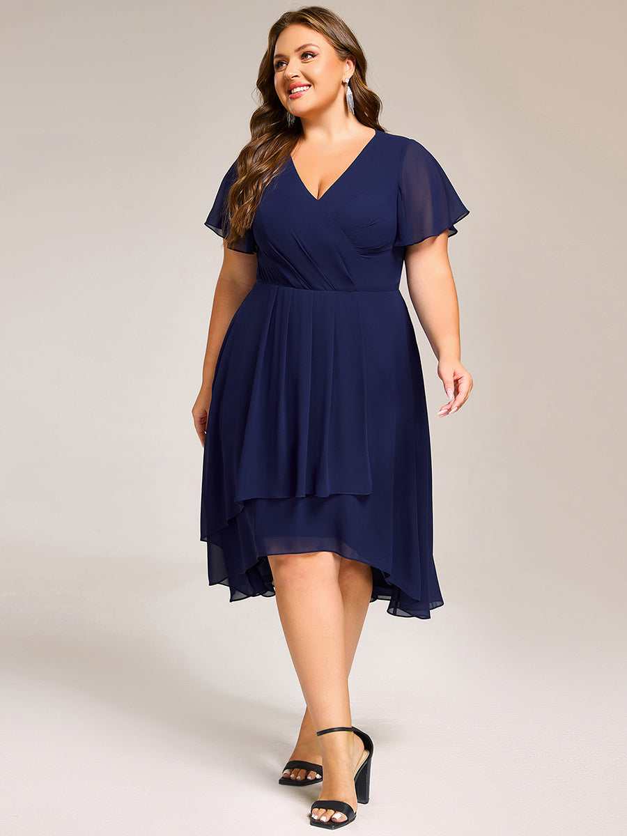 Short Sleeve Ruffled V-Neck Floral Printed Midi Wedding Guest Dress #color_Navy Blue