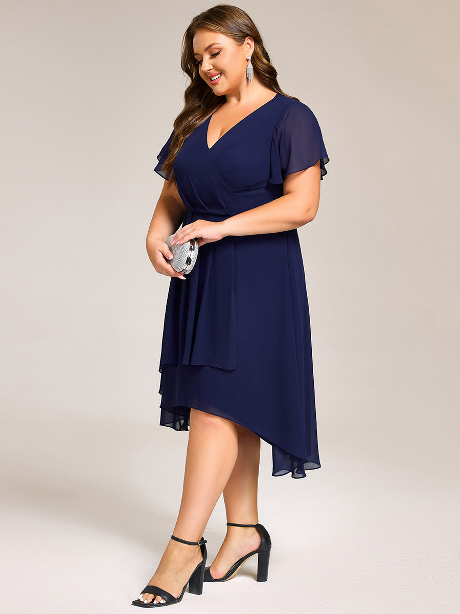 Short Sleeve Ruffled V-Neck Floral Printed Midi Wedding Guest Dress #color_Navy Blue