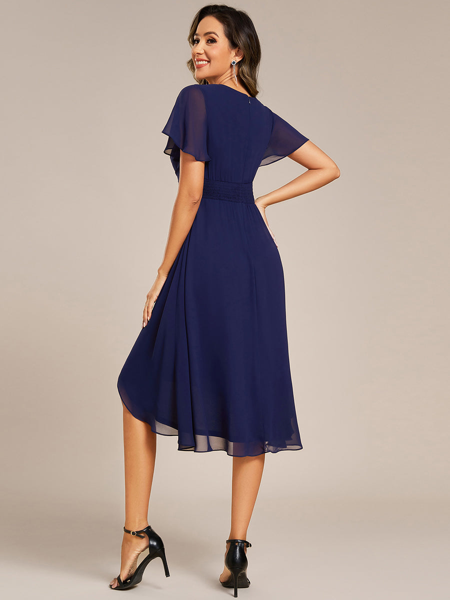 Short Sleeve Ruffled V-Neck Floral Printed Midi Wedding Guest Dress #color_Navy Blue