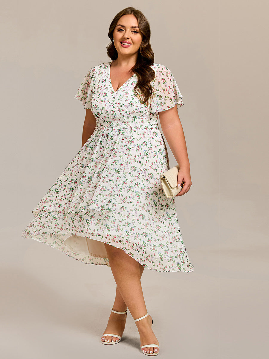 Short Sleeve Ruffled V-Neck Floral Printed Midi Wedding Guest Dress #color_White Floral