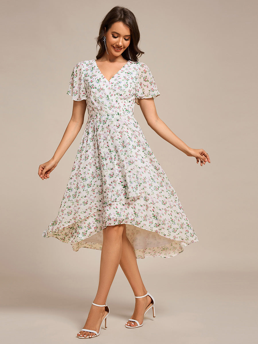 Short Sleeve Ruffled V-Neck Floral Printed Midi Wedding Guest Dress #color_White Floral