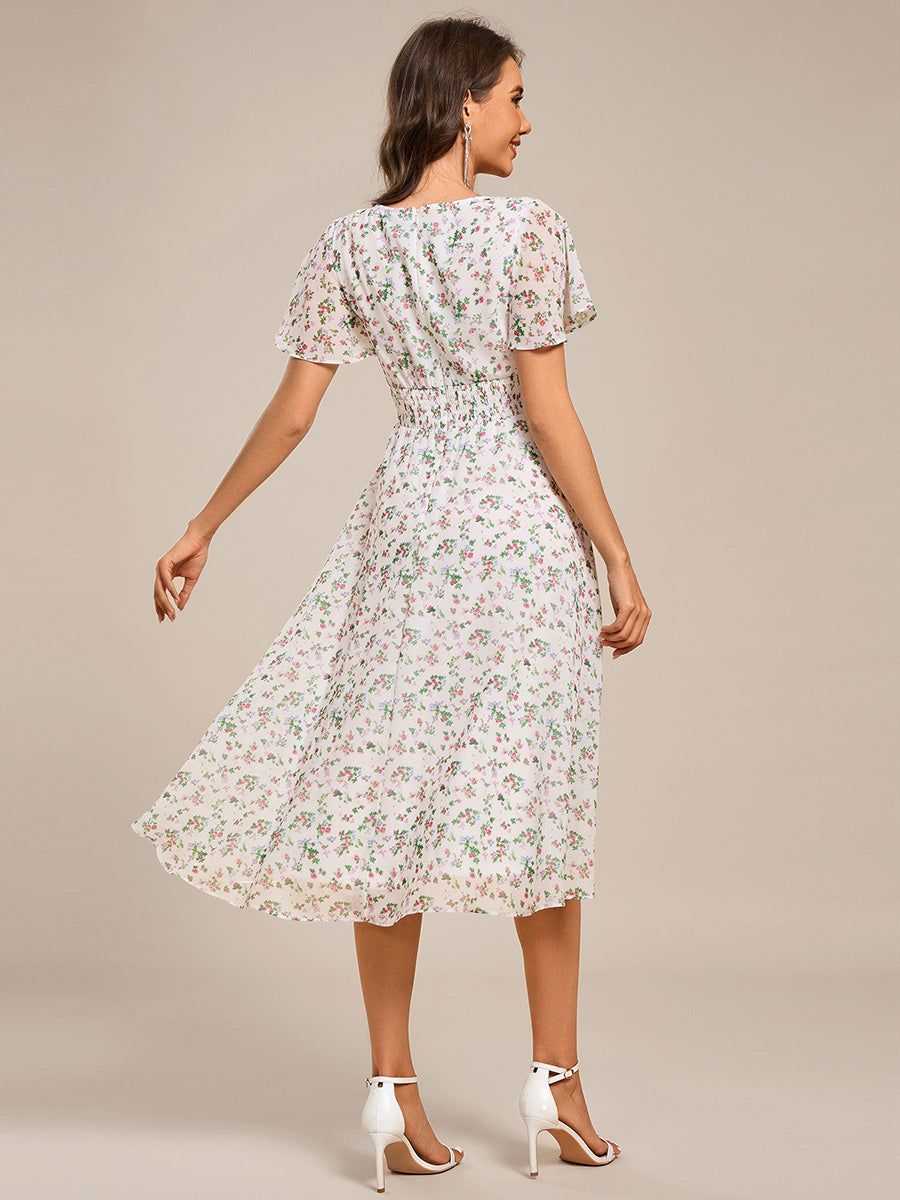 Short Sleeve Ruffled V-Neck Floral Printed Midi Wedding Guest Dress #color_White Floral