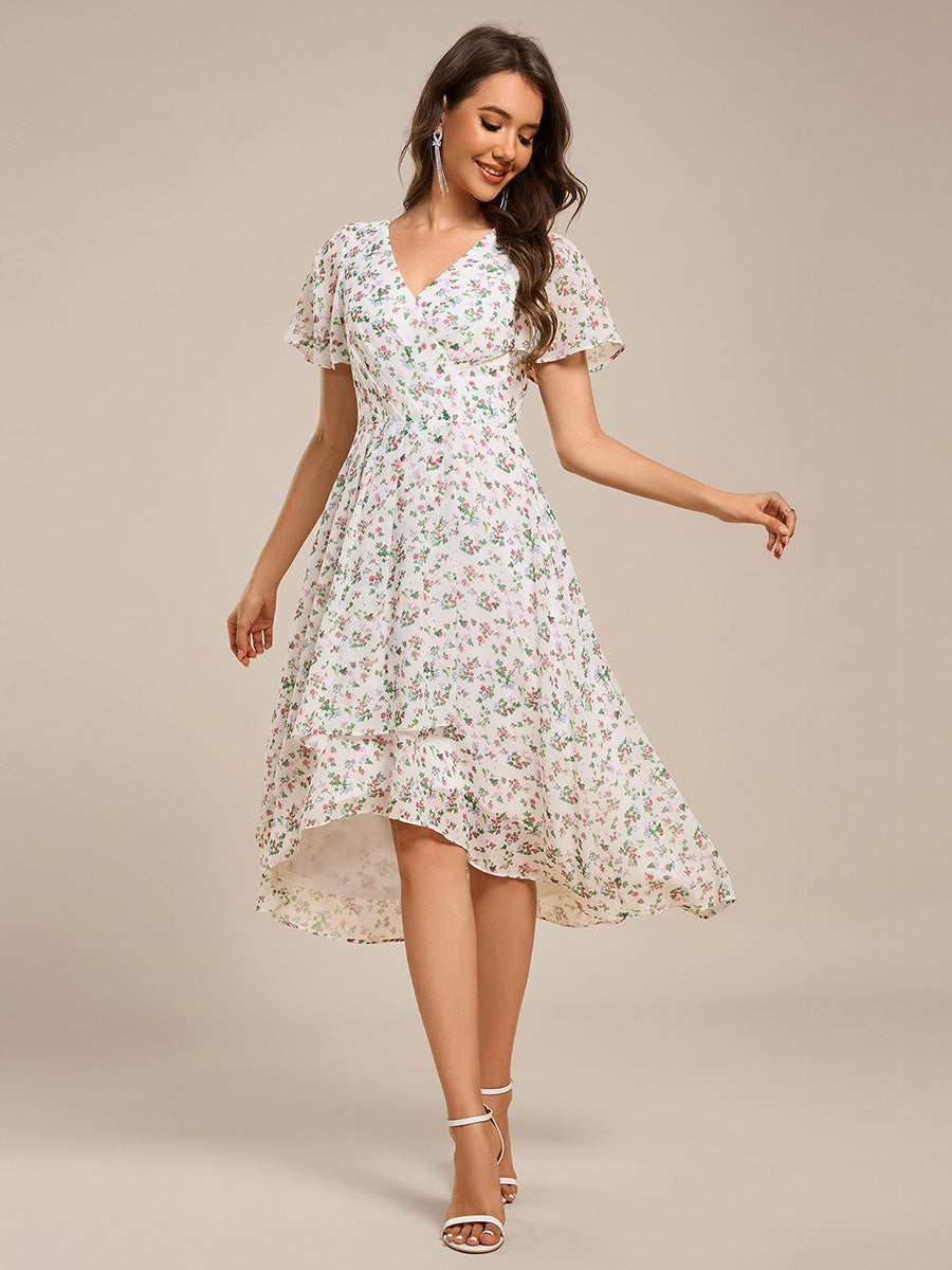 Short Sleeve Ruffled V-Neck Floral Printed Midi Wedding Guest Dress #color_White Floral