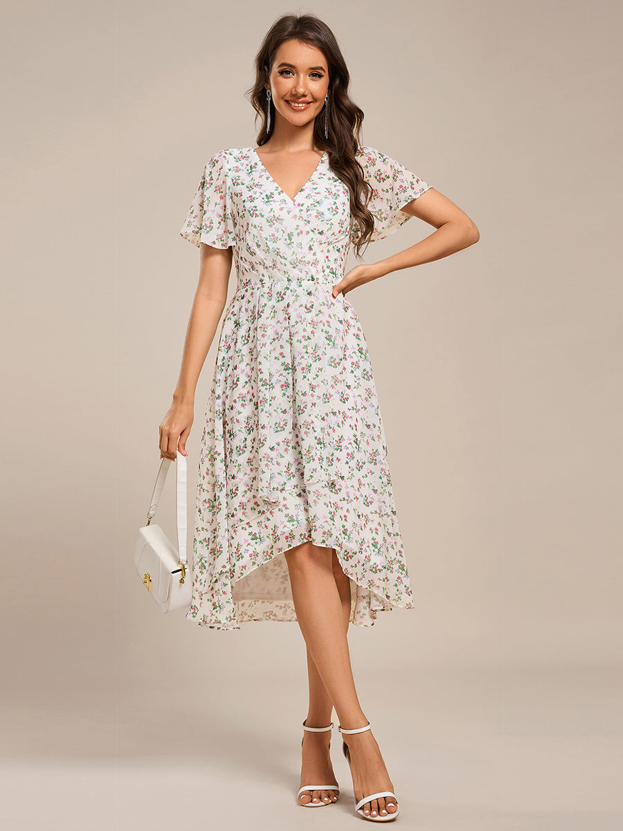 Short Sleeve Ruffled V-Neck Floral Printed Midi Wedding Guest Dress #color_White Floral