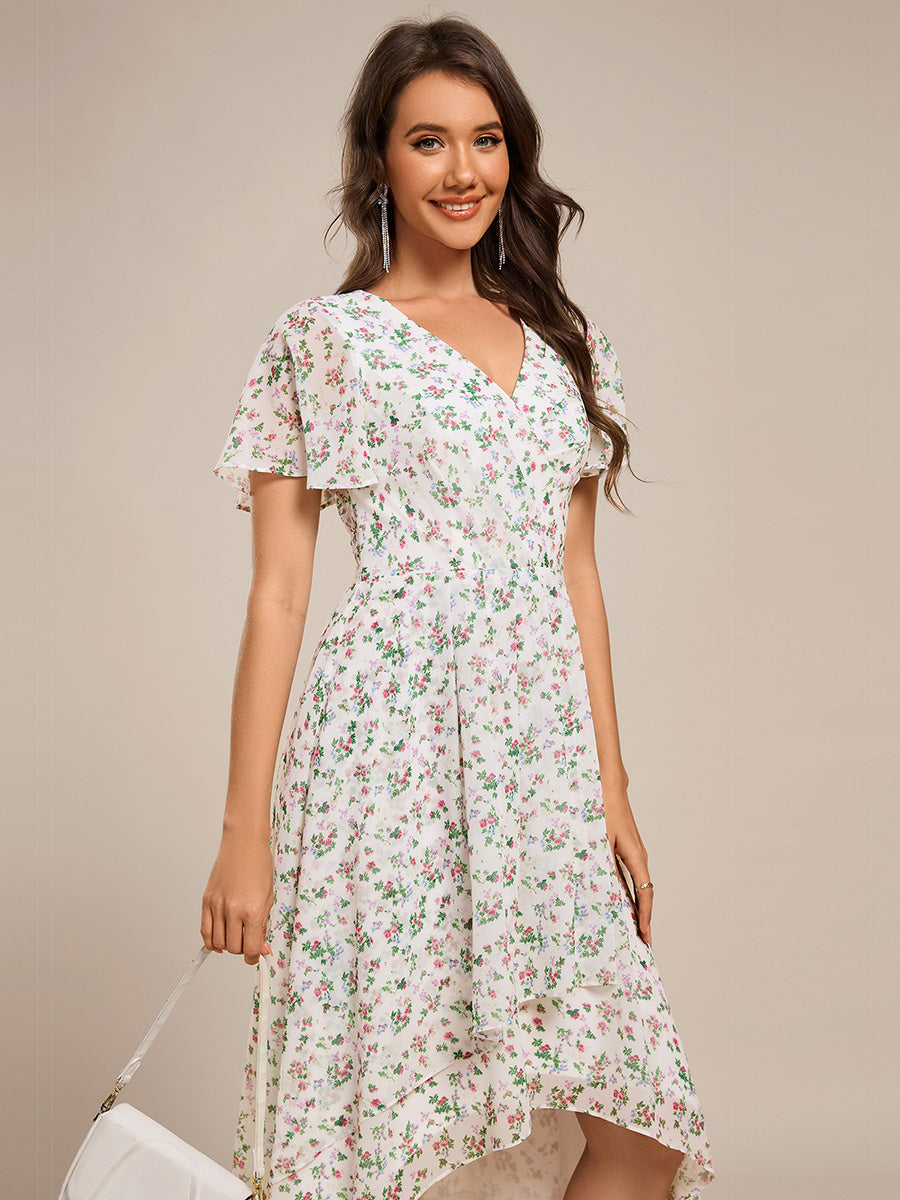 Short Sleeve Ruffled V-Neck Floral Printed Midi Wedding Guest Dress #color_White Floral