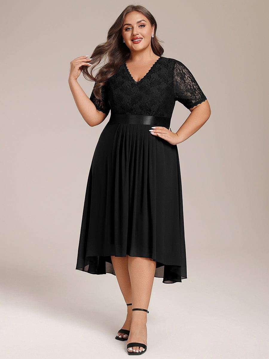 Half Sleeve Pleated V-Neck Lace Midi Wedding Guest Dress #color_Black