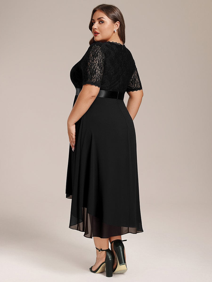 Half Sleeve Pleated V-Neck Lace Midi Wedding Guest Dress #color_Black