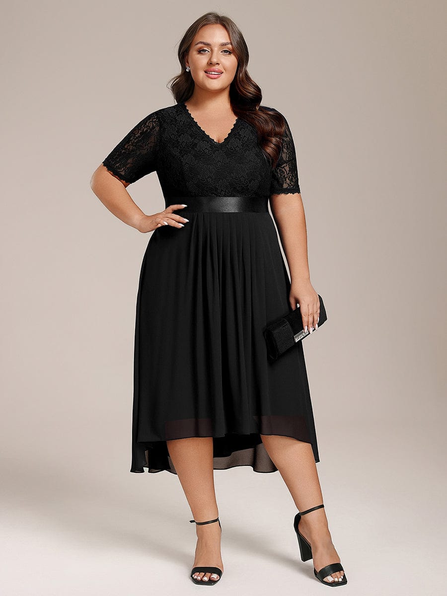 Plus Size Half Sleeve Lace Pleated V-Neck Midi Wedding Guest Dress #color_Black